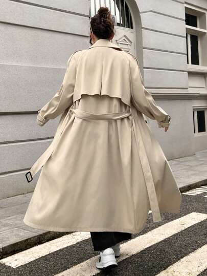 SHEIN EZwear معطف خندق طويل بني داكن للبدانة للخريف المبكر