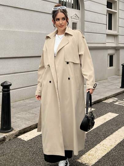 SHEIN EZwear معطف خندق طويل بني داكن للبدانة للخريف المبكر