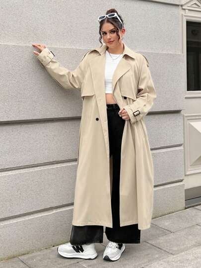 SHEIN EZwear معطف خندق طويل بني داكن للبدانة للخريف المبكر
