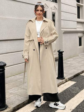SHEIN EZwear معطف خندق طويل بني داكن للبدانة للخريف المبكر