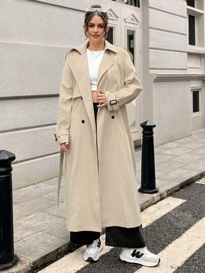 SHEIN EZwear معطف خندق طويل بني داكن للبدانة للخريف المبكر