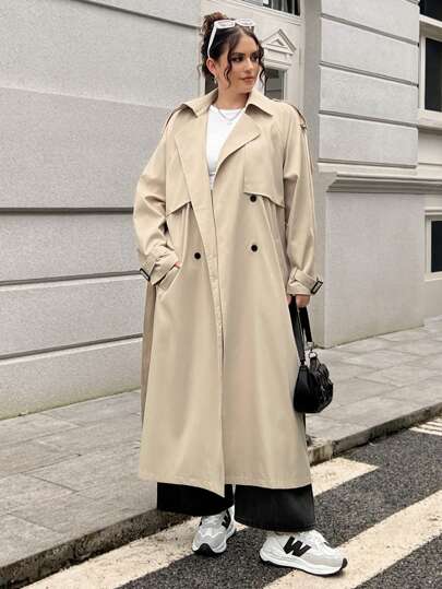 SHEIN EZwear معطف خندق طويل بني داكن للبدانة للخريف المبكر