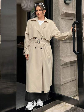 SHEIN EZwear معطف خندق طويل بني داكن للبدانة للخريف المبكر