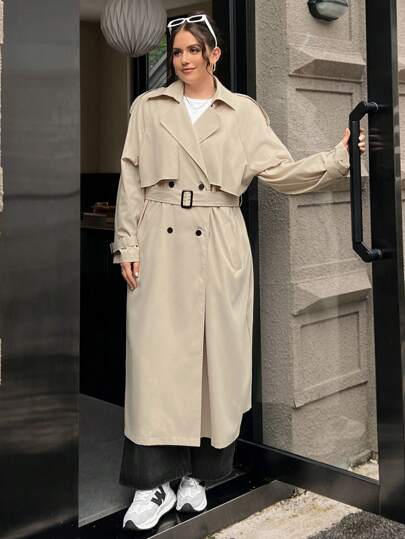 SHEIN EZwear معطف خندق طويل بني داكن للبدانة للخريف المبكر