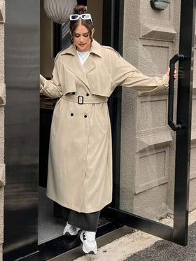 SHEIN EZwear معطف خندق طويل بني داكن للبدانة للخريف المبكر