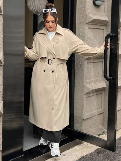 SHEIN EZwear معطف خندق طويل بني داكن للبدانة للخريف المبكر