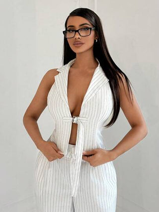 SXY البدلة النسائية الأنيقة والجذابة ذات التصميم الشريطي باللونين الأبيض والأسود