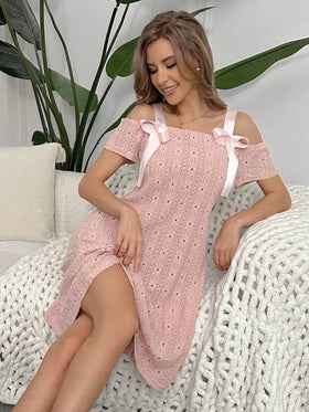 SHEIN فستان نوم مع زخرفة ربطة القوس الحرير وأكمام قصيرة، فستان نسائي كشميري مذيل من الجاكار مناسب للنساء