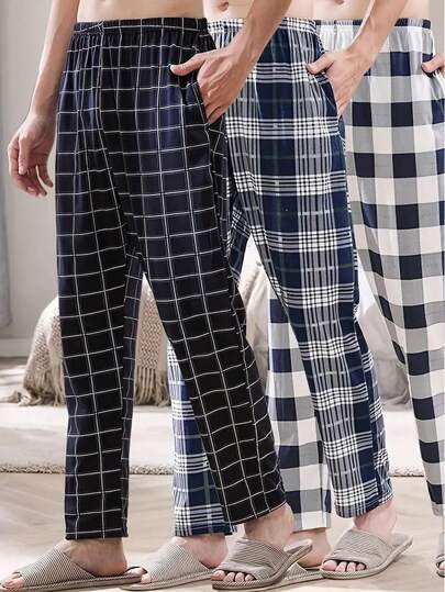 3 قطع بنطلون رجالي كاجوال رقيق بطبعة مربعات، مريح وفضفاض، ملابس ربيع/خريف، خريف وشتاء