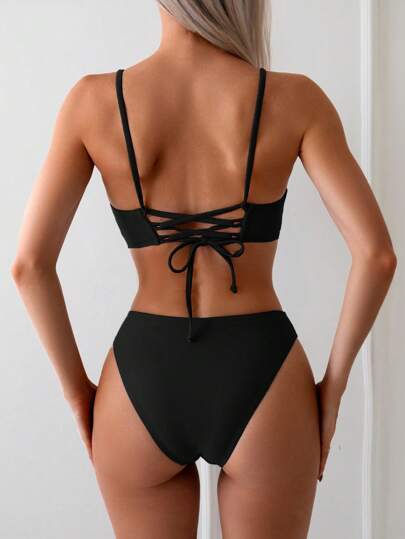 Swim Basics طقم بكيني بقطعتين بسيط وصيفي وجذاب للسيدات، بدلة سباحة سوداء