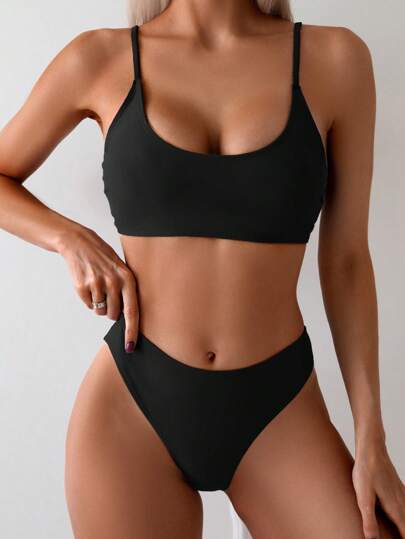 Swim Basics طقم بكيني بقطعتين بسيط وصيفي وجذاب للسيدات، بدلة سباحة سوداء