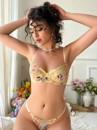 FloralLove حمالة صدر مرقعة بالتطريز على شبكي زهري، ملابس داخلية مثيرة، رومانسية ومريحة، بلا سلك، قطعة واحدة