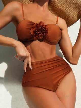 Swim مجموعة ملابس السباحة 3D مزخرفة بزهرة ذات لون واحد للنساء، صيفي