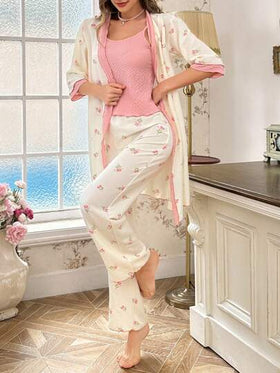 CottageSlumber طقم بيجامة مكون من رداء مطبوع بطبعة فقاعات وطيات مع حزام، وبنطلون وكامي علوي، موسم العطلات الوفير بالزهور الفاخرة، ملابس الخريف والشتاء دافئة وأنيقة