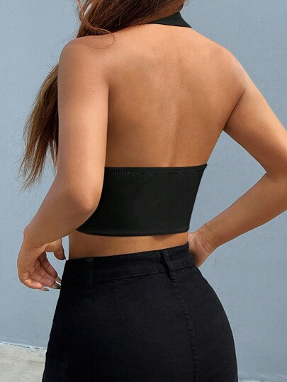 EZwear بلوفر نسائي ذو ياقة قصيرة وظهر مفتوح وأكمام بلا أكمام وأزرار أمامية
