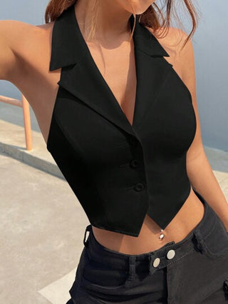 EZwear بلوفر نسائي ذو ياقة قصيرة وظهر مفتوح وأكمام بلا أكمام وأزرار أمامية