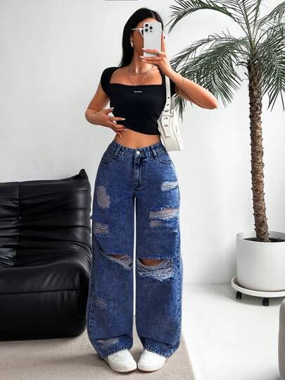 EZwear جينز نساء فضفاض بخصر واسع ومهترئ مع جيوب