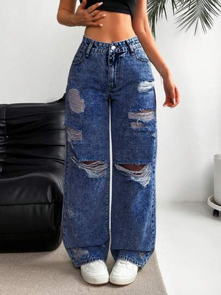 EZwear جينز نساء فضفاض بخصر واسع ومهترئ مع جيوب
