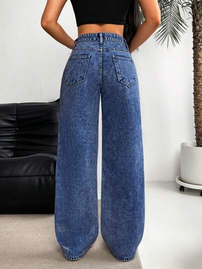 EZwear جينز نساء فضفاض بخصر واسع ومهترئ مع جيوب