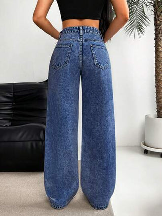 EZwear جينز نساء فضفاض بخصر واسع ومهترئ مع جيوب
