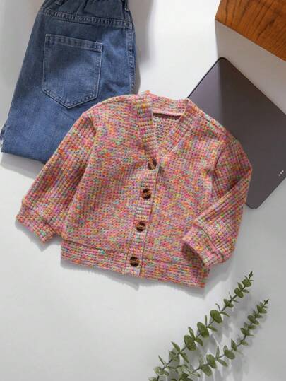 SHEIN كارديجان سميك مُحبَك بنمط المربعات الملون للبنات الرضع للخريف والشتاء