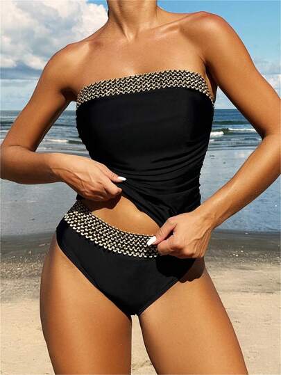 طقم تانكيني حريمي Swim Lushoire طقم تانكيني باندو منسوج مشترك للصيف للنساء