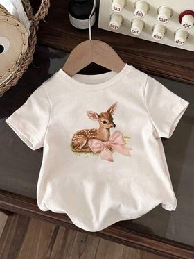 SHEIN Vintaside Kids بلوزة كاجوال بياقة طاقم، مزخرفة بطبعة غزال لطيف للبنات، للاستخدام في عيد الميلاد