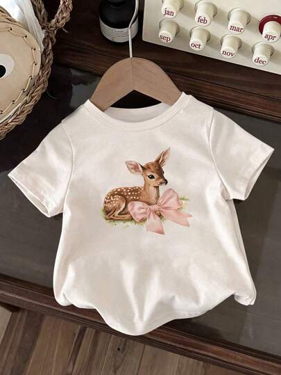 SHEIN Vintaside Kids بلوزة كاجوال بياقة طاقم، مزخرفة بطبعة غزال لطيف للبنات، للاستخدام في عيد الميلاد