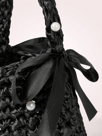 SHEIN MOD حقيبة دلو مزخرفة باللؤلؤ المنسوج أنيقة للسيدات الشابات