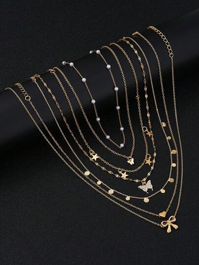 17KM 7 قطع طقم عقد لعيد الأم مكون من قلب و فراشة و نجمة و فيونكة كهدية للنساء، إكسسوار يومي مناسب لعيد الحب وعيد الأم