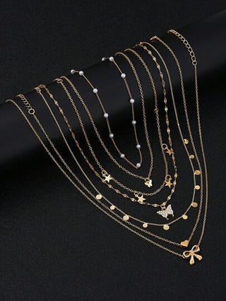 17KM 7 قطع طقم عقد لعيد الأم مكون من قلب و فراشة و نجمة و فيونكة كهدية للنساء، إكسسوار يومي مناسب لعيد الحب وعيد الأم