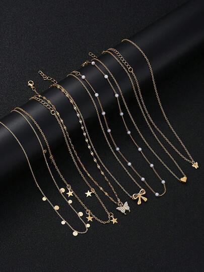 17KM 7 قطع طقم عقد لعيد الأم مكون من قلب و فراشة و نجمة و فيونكة كهدية للنساء، إكسسوار يومي مناسب لعيد الحب وعيد الأم