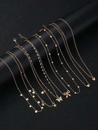 17KM 7 قطع طقم عقد لعيد الأم مكون من قلب و فراشة و نجمة و فيونكة كهدية للنساء، إكسسوار يومي مناسب لعيد الحب وعيد الأم