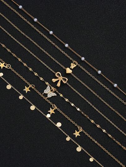 17KM 7 قطع طقم عقد لعيد الأم مكون من قلب و فراشة و نجمة و فيونكة كهدية للنساء، إكسسوار يومي مناسب لعيد الحب وعيد الأم