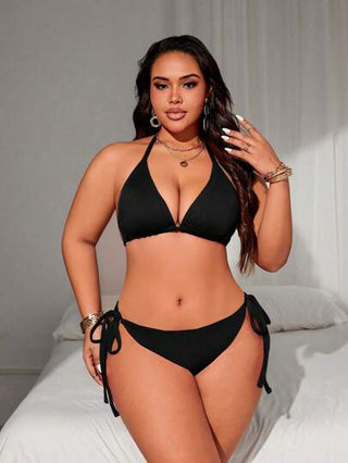 Swim Lushoire طقم بكيني مربوط على الرقبة ذو لون أحادي للنساء ذوات الحجم الكبير للشاطئ والصيف