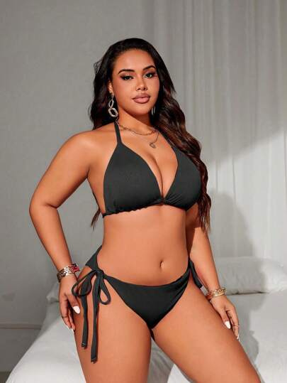 Swim Lushoire طقم بكيني مربوط على الرقبة ذو لون أحادي للنساء ذوات الحجم الكبير للشاطئ والصيف