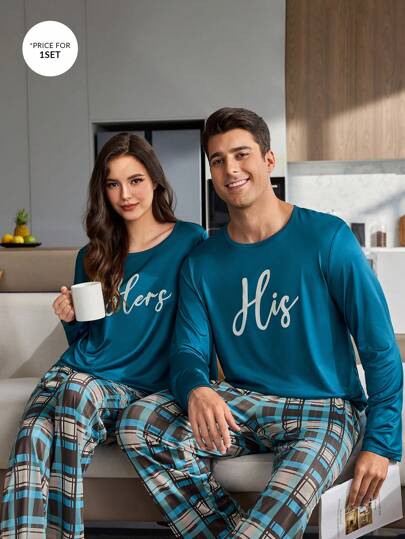 SHEIN طقم بيجامة رجالي كاجوال مكون من ملابس علوية وبنطلون مطبوع بنقشة المربعات، ملابس خريف وشتاء