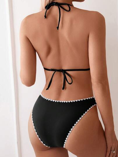 Swim Basics بيكيني بنقشة تباين وبيكيني للنساء للعطلات الشاطئية الصيفية