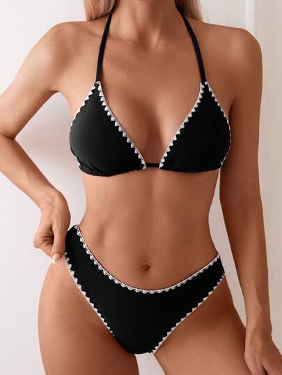 Swim Basics بيكيني بنقشة تباين وبيكيني للنساء للعطلات الشاطئية الصيفية