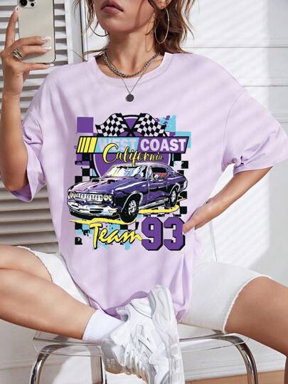 ملابس بناتي ملابس علوية T-Shirt علوي مريح وعصري للفتيات المراهقات، مطبوع برسم سيارة سباق إبداعي
