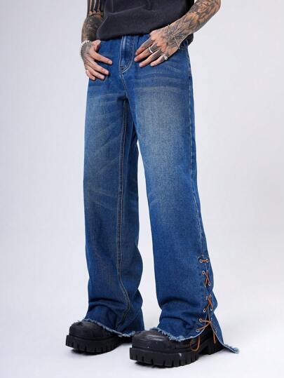 Manfinity Denimwave بنطلون جينز رجالي واسع بتصميم خداع من الحبال عند الأطراف باللون الأزرق الداكن المغسول، جينز أزرق داكن مغسول بسيط، هدية للزوج والصديق