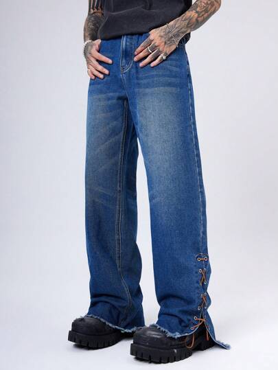Manfinity Denimwave بنطلون جينز رجالي واسع بتصميم خداع من الحبال عند الأطراف باللون الأزرق الداكن المغسول، جينز أزرق داكن مغسول بسيط، هدية للزوج والصديق