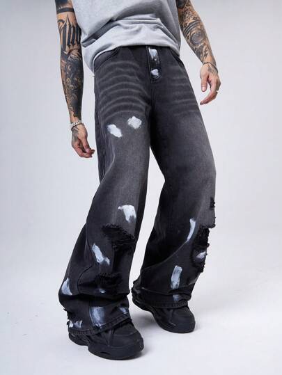 Manfinity Denimwave 2000 جينز أسود للرجال مغسول مشوه فضفاض عفوي