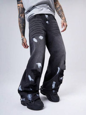 Manfinity Denimwave 2000 جينز أسود للرجال مغسول مشوه فضفاض عفوي