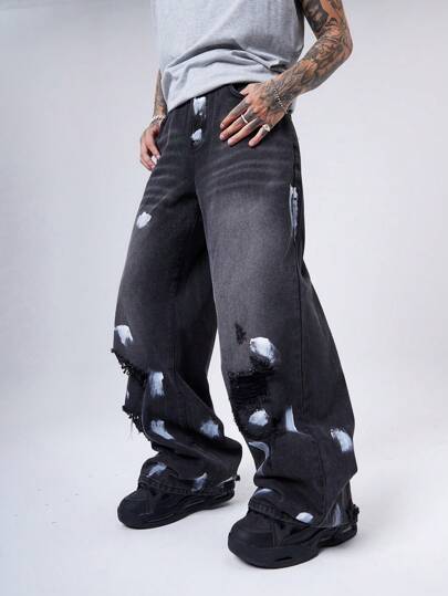 Manfinity Denimwave 2000 جينز أسود للرجال مغسول مشوه فضفاض عفوي