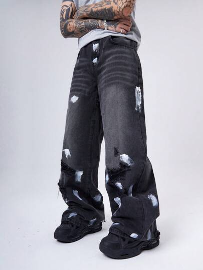 Manfinity Denimwave 2000 جينز أسود للرجال مغسول مشوه فضفاض عفوي