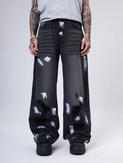 Manfinity Denimwave 2000 جينز أسود للرجال مغسول مشوه فضفاض عفوي