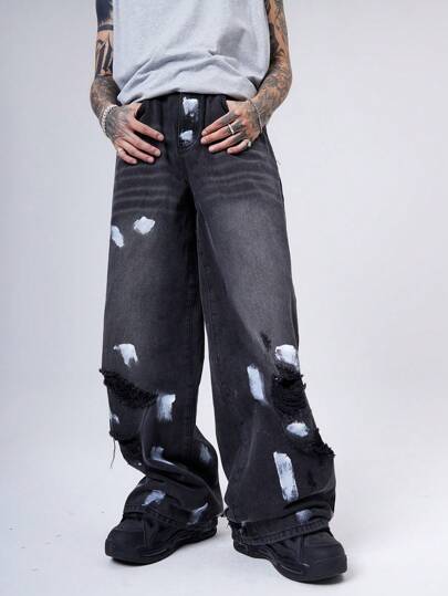 Manfinity Denimwave 2000 جينز أسود للرجال مغسول مشوه فضفاض عفوي