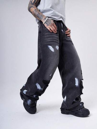 Manfinity Denimwave 2000 جينز أسود للرجال مغسول مشوه فضفاض عفوي