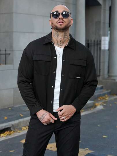 Manfinity Homme جاكيت العمل البليزر الرجالي ذات الجيب الأسود المحبوك البسيط الأنيق ، الملابس الرياضية ، الأكمام الطويلة ، للخروج ، الأساسية ، هدية الحبيب ، الكارجو